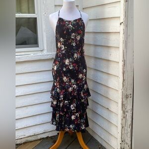 Marissa Webb Black Dress with Colorful Flowers Ruffled Tiered Halter Sundress
